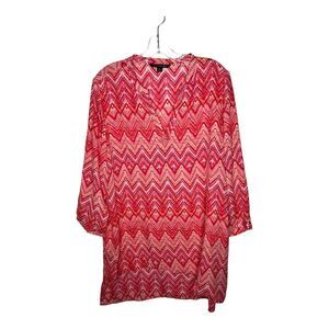 Zac and Rachel Tunic Top Womens XL Pink Zig Zag V Neck High Low Sheer Blouse